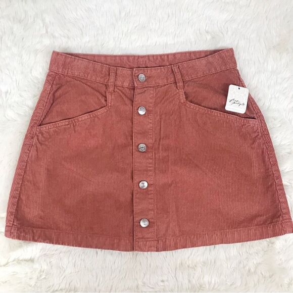 FREE PEOPLE Ray Button Front Corduroy Mini Skirt Rust Pink Fall Size‎ 8 10 New - Picture 4 of 14
